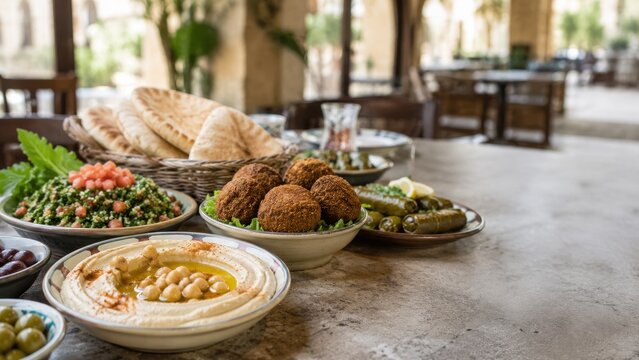 Mediterranean meze spread on restaurant table