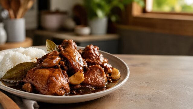 Braised chicken with rice served in a kitchen