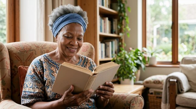 Senior African American woman reading a book at home. Smiling elderly female relaxing in a floral armchair in a cozy living room. Retirement lifestyle and leisure activity concept