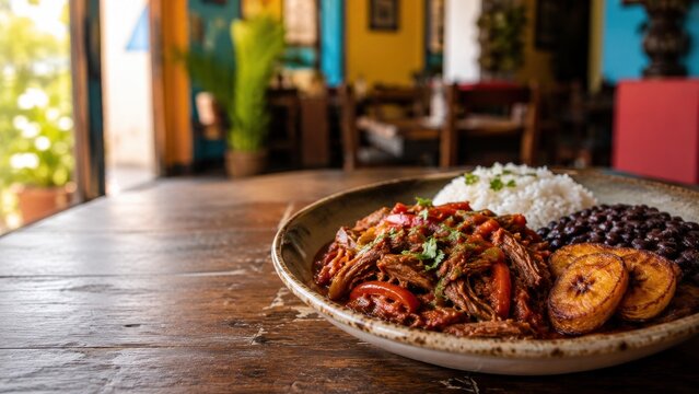 Rustic dinner plate in cozy caf&eacute; with rice and beans