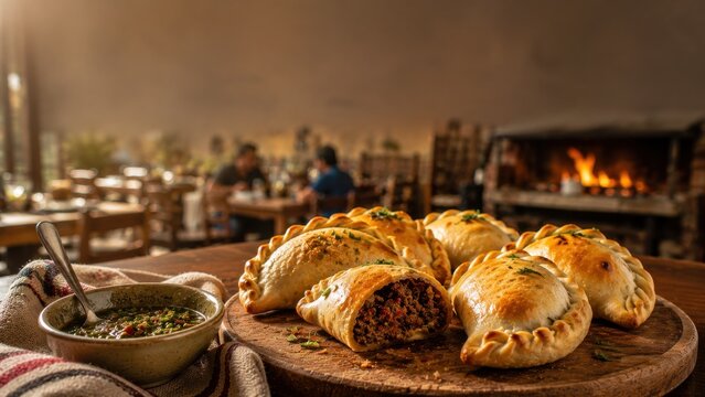 Empanadas on rustic table in warm restaurant setting