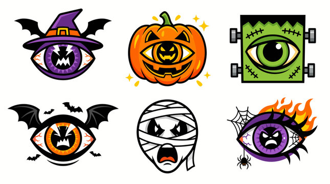 Set of colorful spooky halloween stickers featuring monster eyes pumpkins mummy and witch hats in a fun cartoon art style