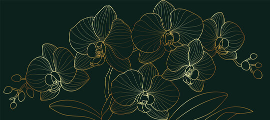 Obraz premium Luxury golden Orchid flower line art background vector. Natural botanical elegant flower with gold line art. Design illustration for decoration, wall decor, wallpaper, cover, banner, poster, card.