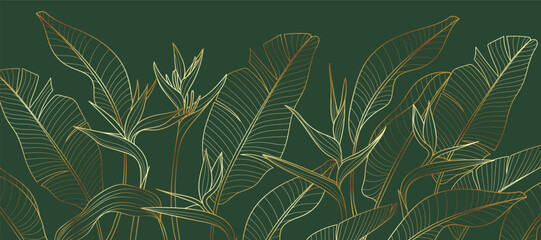 Obraz premium Botanical line art background vector. Natural botanical elegant flower with gold line art. Design illustration for decoration, wall decor, wallpaper, cover, banner, poster, card.