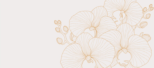 Obraz premium Luxury golden Orchid flower line art background vector. Natural botanical elegant flower with gold line art. Design illustration for decoration, wall decor, wallpaper, cover, banner, poster, card.