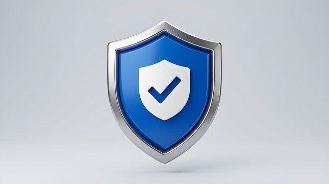 A 3d rendered blue shield icon with a white checkmark symbol representing digital security and protection