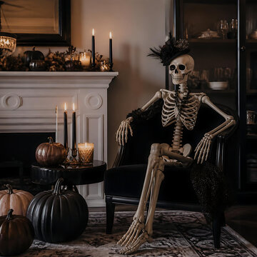 Skeleton Sitting in Halloween Living Room | Spooky Fireplace Decor With Pumpkins | Haunted Interior With Black Candles