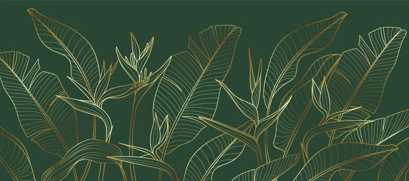 Botanical line art background vector. Natural botanical elegant flower with gold line art. Design illustration for decoration, wall decor, wallpaper, cover, banner, poster, card.