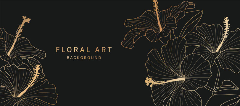 Botanical line art background vector. Natural botanical elegant flower with gold line art. Design illustration for decoration, wall decor, wallpaper, cover, banner, poster, card.