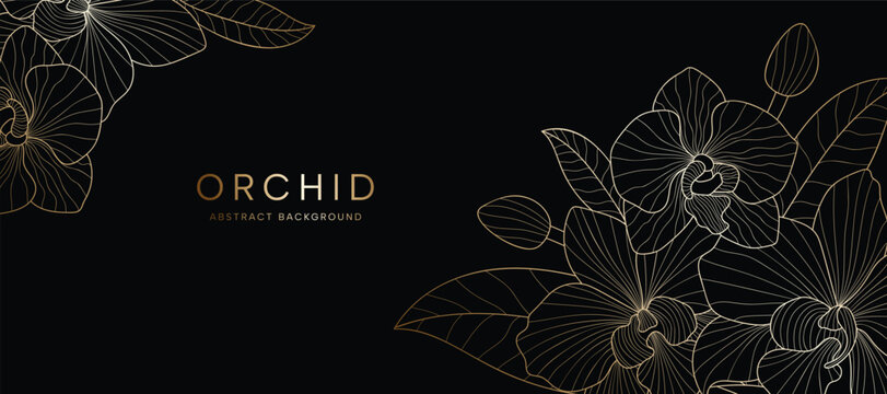 Botanical line art background vector. Natural botanical elegant flower with gold line art. Design illustration for decoration, wall decor, wallpaper, cover, banner, poster, card.