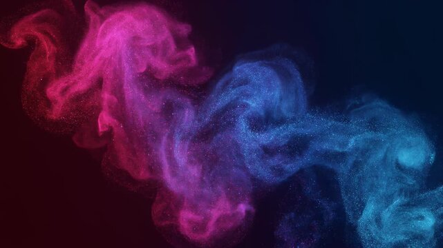 Neon blue and pink glitter ink swirl forming a flowing color smoke texture on a deep dark ba