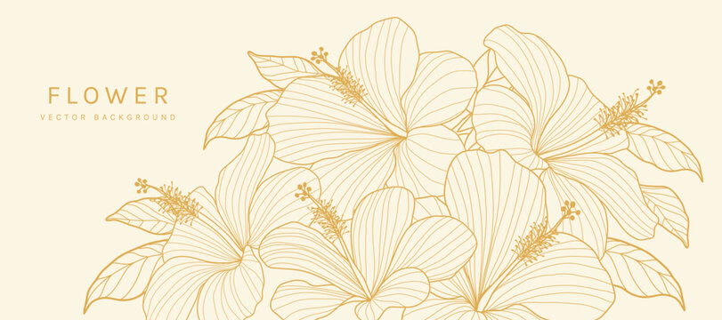 Botanical line art background vector. Natural botanical elegant flower with gold line art. Design illustration for decoration, wall decor, wallpaper, cover, banner, poster, card.