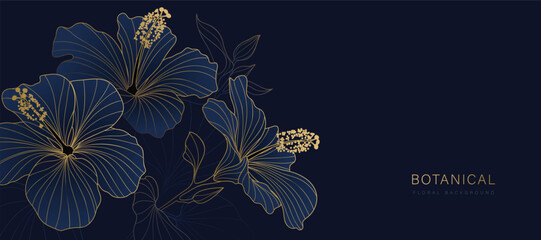 Obraz premium Botanical line art background vector. Natural botanical elegant flower with gold line art. Design illustration for decoration, wall decor, wallpaper, cover, banner, poster, card.