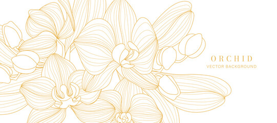 Obraz premium Luxury golden Orchid flower line art background vector. Natural botanical elegant flower with gold line art. Design illustration for decoration, wall decor, wallpaper, cover, banner, poster, card.