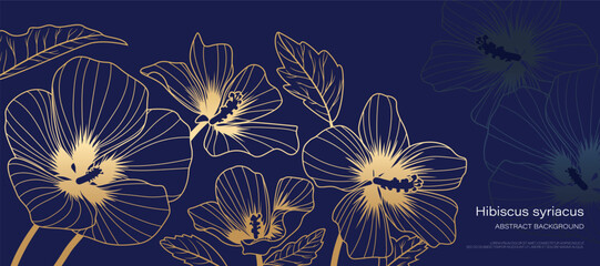 Obraz premium Botanical line art background vector. Natural botanical elegant flower with gold line art. Design illustration for decoration, wall decor, wallpaper, cover, banner, poster, card.