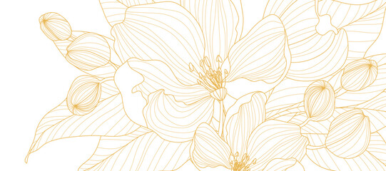 Obraz premium Botanical line art background vector. Natural botanical elegant flower with gold line art. Design illustration for decoration, wall decor, wallpaper, cover, banner, poster, card.