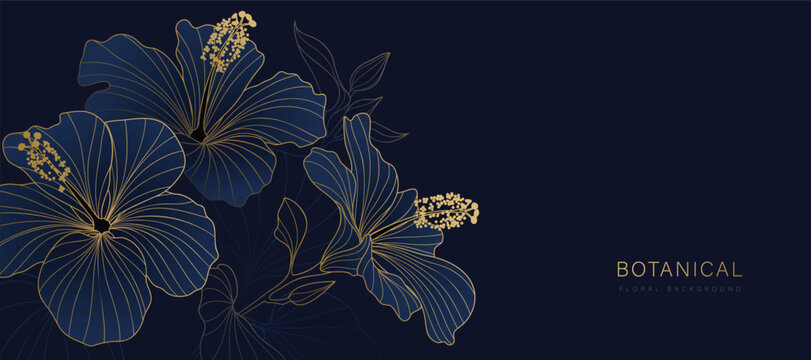 Botanical line art background vector. Natural botanical elegant flower with gold line art. Design illustration for decoration, wall decor, wallpaper, cover, banner, poster, card.