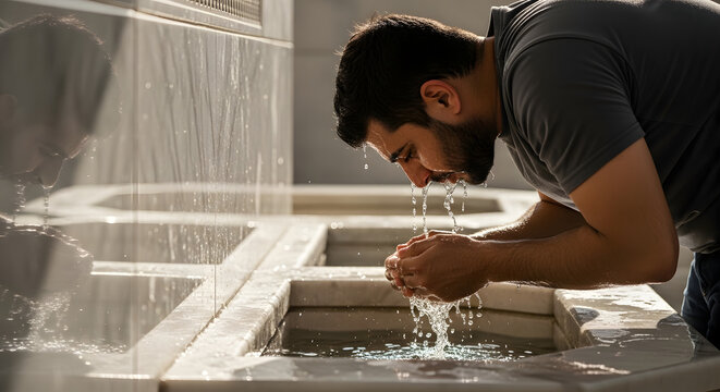Bearded man performing ablution washing face with water splashing, ritual purification.