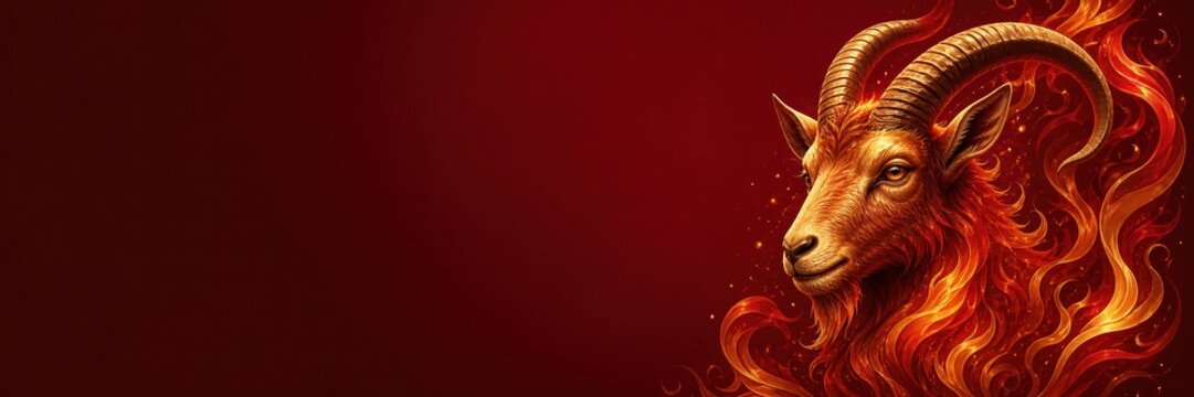 Golden fire goat surrounded by flames for Chinese New Year 2027. Chinese zodiac portrait on dark red background. Wide festive banner with copy space