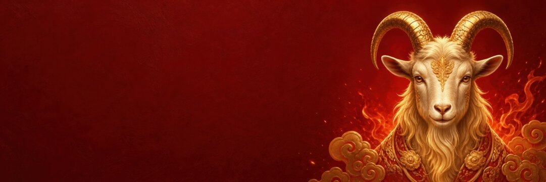 Portrait of a fire goat in golden armor for Chinese New Year 2027. Chinese zodiac character with flames on red background. Wide festive banner with copy space