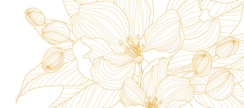 Botanical line art background vector. Natural botanical elegant flower with gold line art. Design illustration for decoration, wall decor, wallpaper, cover, banner, poster, card.