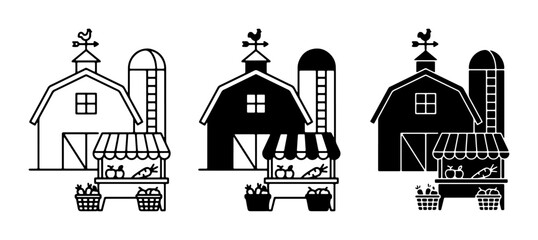 Farm Stand and Barn Icons, Rural Market Scene Graphics, Agricultural Building Silhouettes, Fresh Produce Stall Illustrations, Countryside Vector Elements © Riaz