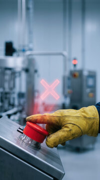 Industrial safety button emergency stop manufacturing halt machine glove hand
