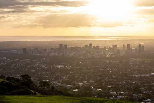 Adelaide city skyline at sunset