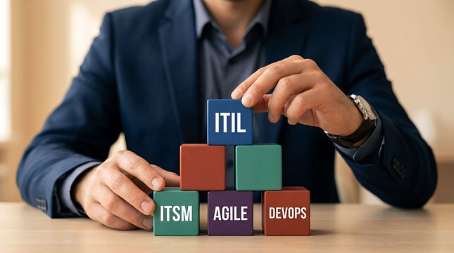 Businessman Stacking Wooden Blocks with ITIL ITSM Agile DevOps Text for IT Management