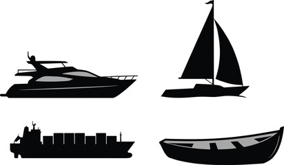 Boat and ship silhouette icons set with yacht, sailboat, cargo ship, and rowboat on white background © SELIMREZA