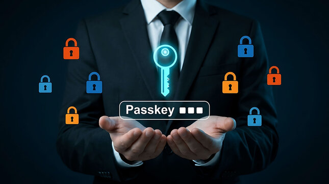 Businessman holding glowing key icon for passkey cybersecurity and authentication concept