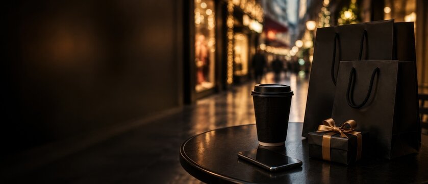 Coffee cup and shopping bags on table in blurred city street