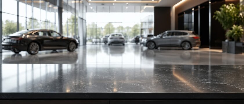 Luxury car showroom with reflective marble floor