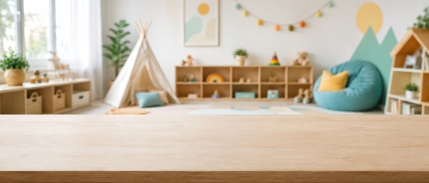 Bright cozy playroom interior with copy space
