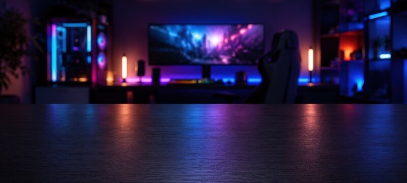 Empty gaming room with rgb lighting and desk setup