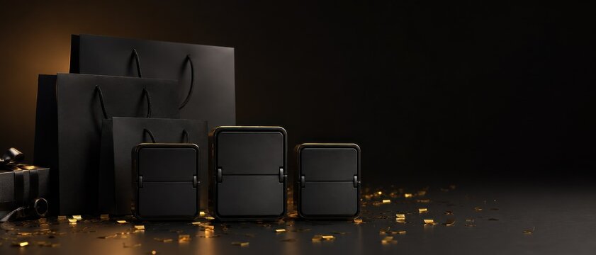 Luxury black gift packaging with gold confetti on dark background