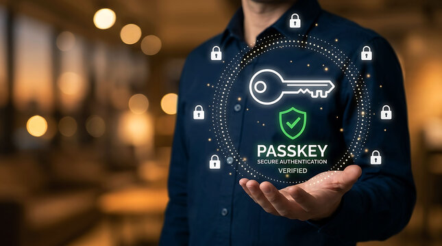 Man holding passkey icon for secure authentication verified digital cyber security