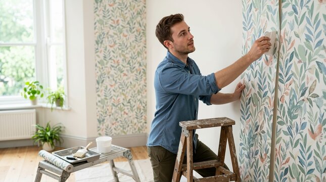Man applying patterned wallpaper to interior wall. Male decorator installing botanical print wallpaper on stepladder. Home improvement and interior design concept