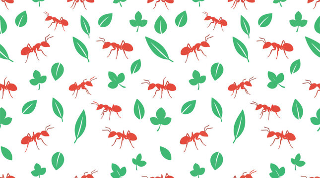 Seamless pattern of red ants and green leaves with wildlife seamless creature