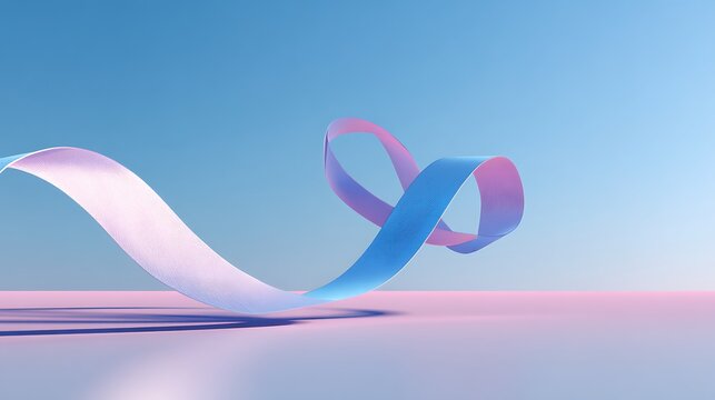 Abstract Minimalist 3D Render of Flowing Blue and Pink Ribbon Floating over Gradient Horizon Background