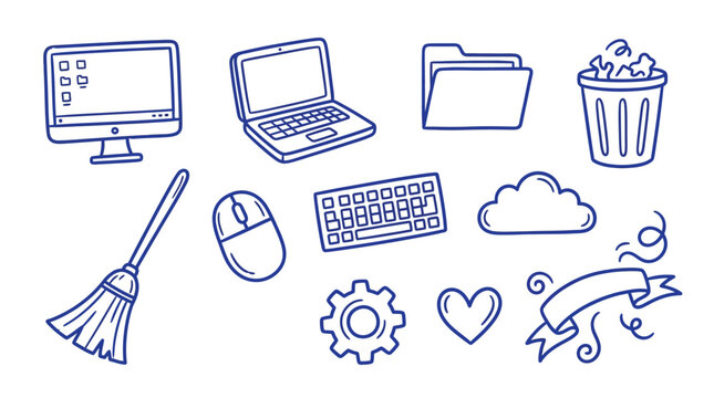 Collection of hand-drawn digital icons representing office and technology elements.