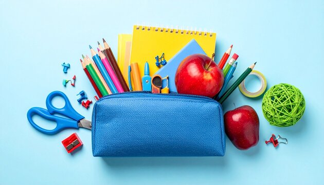 Blue pencil case with colorful school supplies.