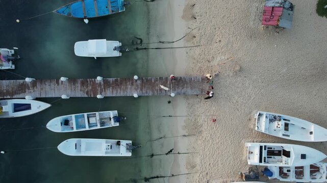 Los Roques, Venezuela - 01 January 2025: Aerial view of the wooden pier at Los Roques archipelago with people and dogs on the beach and boats in the water.