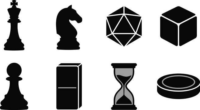 Game and logic symbol silhouette icons set with chess pieces, dice, cube, hourglass, and puck on white background