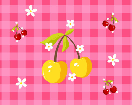 Cherry blossom and flower with gingham color textured illustration for high quality wallpaper or background