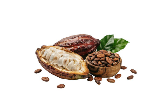 Fresh cacao fruit pod cut in half showing white pulp and seeds next to a wooden bowl filled with roasted cocoa beans on white background