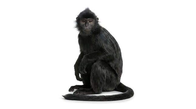 A black Javan langur monkey sitting against a white background.