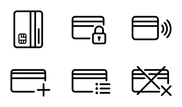 Credit Card Icons Set, Payment Symbols Collection, Financial Transaction Icons, Secure Banking Vector Graphics, Digital Wallet Icons