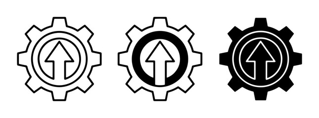 Fototapeta premium Gear Icons with Upward Arrow, Set of 3, Progress and Growth Symbols, Industrial and Business Concepts, Vector Graphics