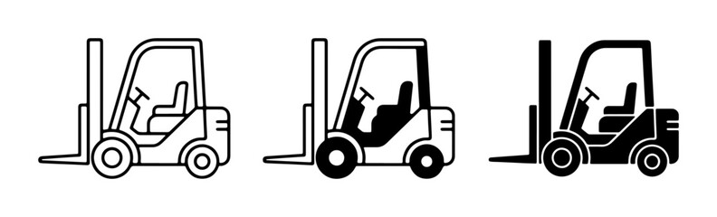 Naklejka premium Forklift Truck Icons Set: Line Art, Filled Silhouette, and Solid Black Vector Graphics for Logistics and Warehouse Operations